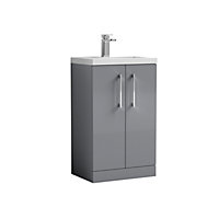Level Compact Floor Standing 2 Door Vanity Basin Unit with Ceramic Basin - 500mm - Gloss Cloud Grey