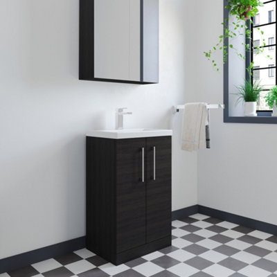 Level Compact Floor Standing 2 Door Vanity Basin Unit with Ceramic Basin - 500mm - Woodgrain Charcoal Black