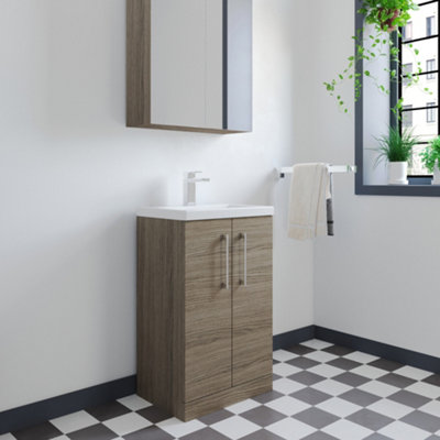 Level Compact Floor Standing 2 Door Vanity Basin Unit with Ceramic Basin - 500mm - Woodgrain Solace Oak