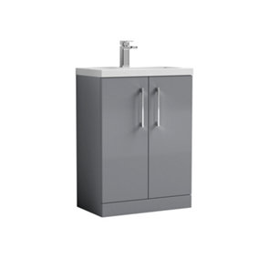Level Compact Floor Standing 2 Door Vanity Basin Unit with Ceramic Basin - 600mm - Gloss Cloud Grey