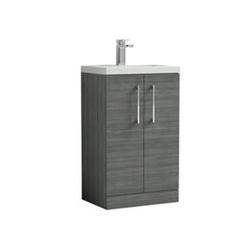 Level Compact Floor Standing 2 Door Vanity Basin Unit with Polymarble Basin - 500mm - Woodgrain Anthracite