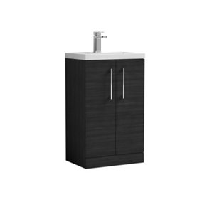 Level Compact Floor Standing 2 Door Vanity Basin Unit with Polymarble Basin - 500mm - Woodgrain Charcoal Black