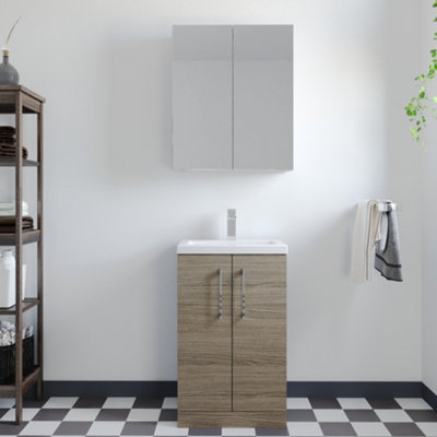 Level Compact Floor Standing 2 Door Vanity Basin Unit with Polymarble Basin - 500mm - Woodgrain Solace Oak