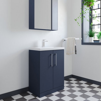 Level Compact Floor Standing 2 Door Vanity Basin Unit with Polymarble Basin - 600mm - Matt Electric Blue