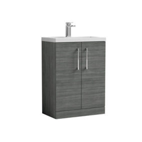 Level Compact Floor Standing 2 Door Vanity Basin Unit with Polymarble Basin - 600mm - Woodgrain Anthracite