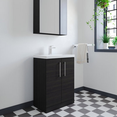Level Compact Floor Standing 2 Door Vanity Basin Unit with Polymarble Basin - 600mm - Woodgrain Charcoal Black