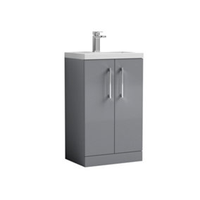 Level Compact Floor Standing 2 Door Vanity Unit with Ceramic Basin, Satin Grey, 500mm - Balterley