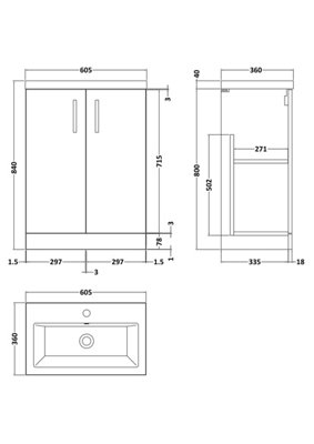 Level Compact Floor Standing 2 Door Vanity Unit with Ceramic Basin, Satin Grey, 600mm - Balterley