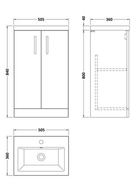 Level Compact Floor Standing 2 Door Vanity Unit with Ceramic Basin, Soft Black, 500mm - Balterley