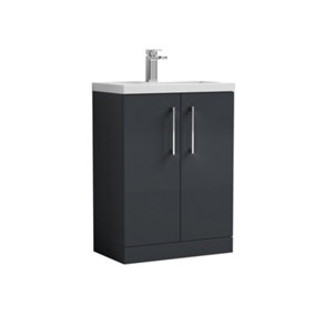 Level Compact Floor Standing 2 Door Vanity Unit with Ceramic Basin, Soft Black, 600mm - Balterley