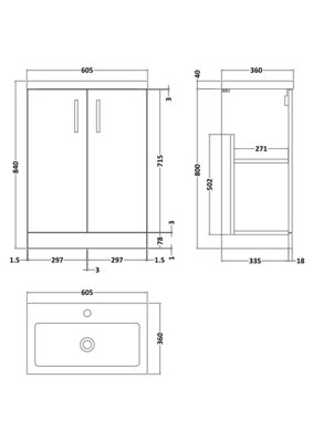 Level Compact Floor Standing 2 Door Vanity Unit with Polymarble Basin, Soft Black, 600mm - Balterley