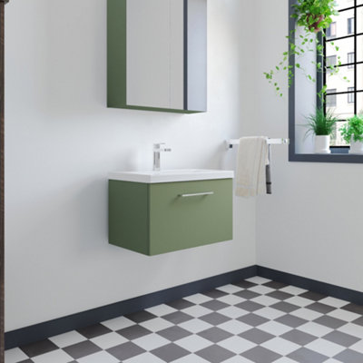 Level Wall Hung 1 Drawer Vanity Unit with Mid-Edge Ceramic Basin, 600mm - Satin Green - Balterley