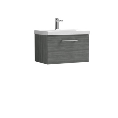 Level Wall Hung 1 Drawer Vanity Unit with Mid-Edge Ceramic Basin, 600mm - Woodgrain Anthracite - Balterley