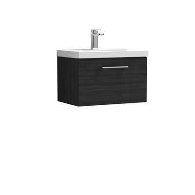 Level Wall Hung 1 Drawer Vanity Unit with Mid-Edge Ceramic Basin, 600mm - Woodgrain Charcoal Black - Balterley