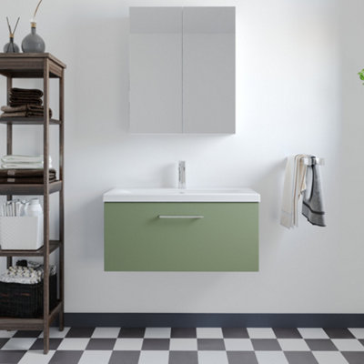 Level Wall Hung 1 Drawer Vanity Unit with Mid-Edge Ceramic Basin, 800mm - Satin Green - Balterley