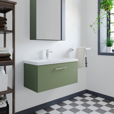 Level Wall Hung 1 Drawer Vanity Unit with Mid-Edge Ceramic Basin, 800mm - Satin Green - Balterley