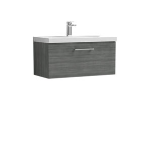 Level Wall Hung 1 Drawer Vanity Unit with Mid-Edge Ceramic Basin, 800mm - Woodgrain Anthracite - Balterley