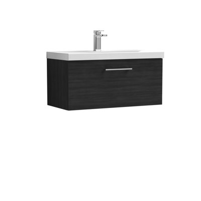 Level Wall Hung 1 Drawer Vanity Unit with Mid-Edge Ceramic Basin, 800mm - Woodgrain Charcoal Black - Balterley