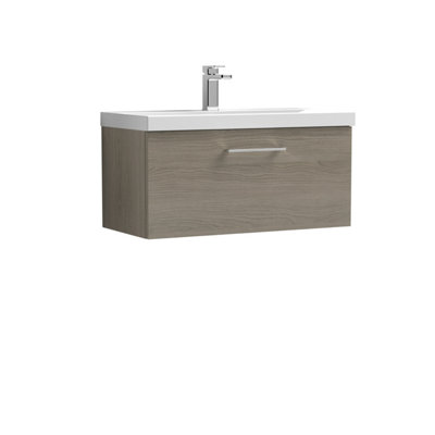 Level Wall Hung 1 Drawer Vanity Unit with Mid-Edge Ceramic Basin, 800mm - Woodgrain Solace Oak - Balterley