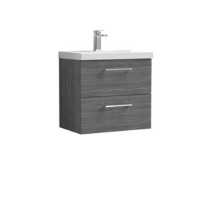 Level Wall Hung 2 Drawer Vanity Unit with Mid-Edge Ceramic Basin, 600mm - Woodgrain Anthracite - Balterley