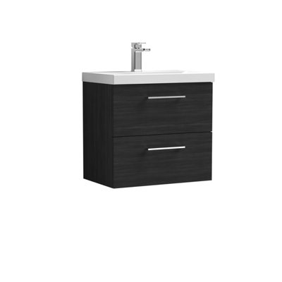 Level Wall Hung 2 Drawer Vanity Unit with Mid-Edge Ceramic Basin, 600mm - Woodgrain Charcoal Black - Balterley