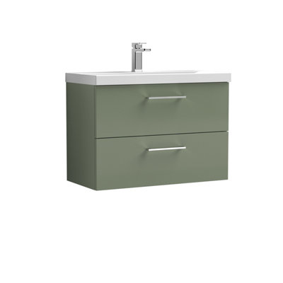 Level Wall Hung 2 Drawer Vanity Unit with MidEdge Ceramic Basin, 800mm Satin Green