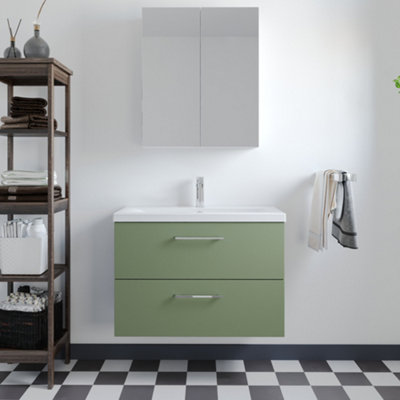 Level Wall Hung 2 Drawer Vanity Unit with Mid-Edge Ceramic Basin, 800mm - Satin Green - Balterley