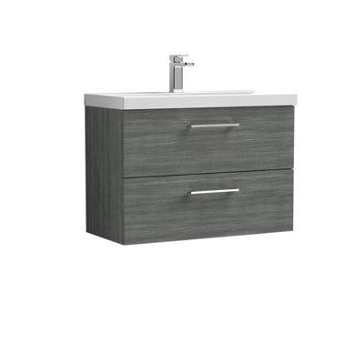 Level Wall Hung 2 Drawer Vanity Unit with Mid-Edge Ceramic Basin, 800mm - Woodgrain Anthracite - Balterley