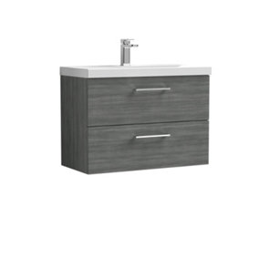 Level Wall Hung 2 Drawer Vanity Unit with Mid-Edge Ceramic Basin, 800mm - Woodgrain Anthracite - Balterley