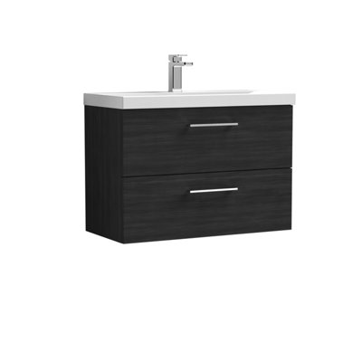 Level Wall Hung 2 Drawer Vanity Unit with Mid-Edge Ceramic Basin, 800mm - Woodgrain Charcoal Black - Balterley