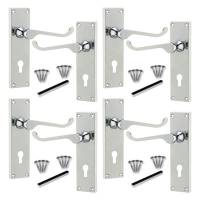 Lever Key Lock Door Handles Polished Chrome Victorian Scroll 4 Pairs