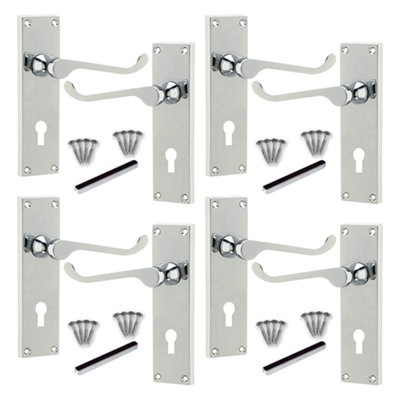 Lever Key Lock Door Handles Polished Chrome Victorian Scroll 4 Pairs