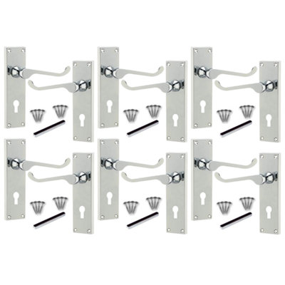 Lever Key Lock Door Handles Polished Chrome Victorian Scroll 6 Pairs