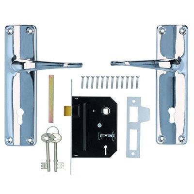 Lever Lock Set Lockable Door Handle Handles with 2 Keys + Chrome Finish 2pk
