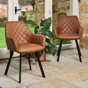 Lewis Dining Chair - Tan Faux Leather (Set of 2) Traditional Chair with Arm Rests and Diamond Stitched Back