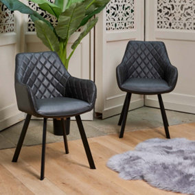 Lewis Faux Leather Dining Chair - Grey (Set of 2) with Diamond Stitched Back and Angled Metal Legs