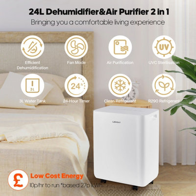 LEXENT 24L UVC Air Purifying Dehumidifier Low Energy, Prevents Damp & Condensation, Reduces Allergens, Odours, 2 yr warranty