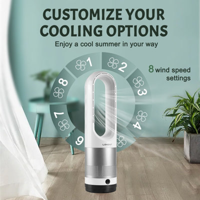 LEXENT Bladeless Tower Fan with Remote Control 8 Speeds Cooling fan Silver cooling fan for Bedroom Kitchen Office