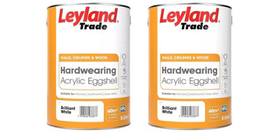 Leyland Trade Acrylic Eggshell Paint Brilliant White 5L Pack of 2