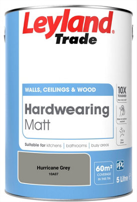 Leyland Trade Hardwearing Matt Emulsion Paint Hurricane Grey (10A07) 5L