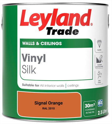 Leyland Trade Vinyl Silk Walls & Ceilings Emulsion Paint Signal Orange (RAL 2010) - 2.5L