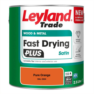 Leyland Trade Wood & Metal Fast Drying PLUS Satin Paint Pure Orange (RAL 2004) 2.5L