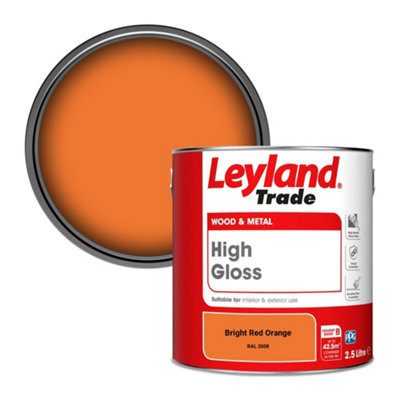 Leyland Trade Wood & Metal High Gloss Paint Bright Red Orange (RAL 2008) 2.5L