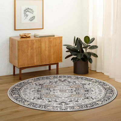 LIANA BADEN Round Machine Washable Traditional Boho Beige Area Rug 200 ...