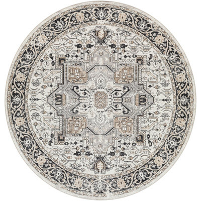 LIANA BADEN Round Machine Washable Traditional Boho Beige Area Rug 200 x 200 cm