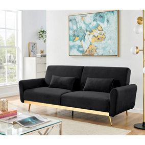 Libbie 3 Seater Black Velvet Sofa Bed with Gold Detail