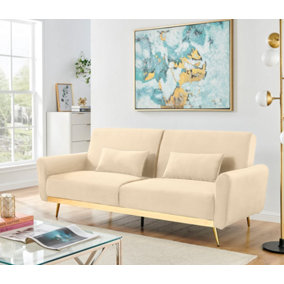 Libbie 3 Seater Click Clack Cream Velvet Sofa Bed with Gold Detail