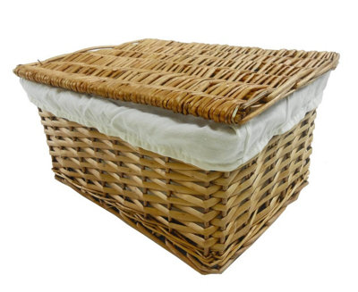 Lidded Wicker Storage Basket With Lining Xmas Hamper basket Pine  Small 30 x 20 x 11.5 cm