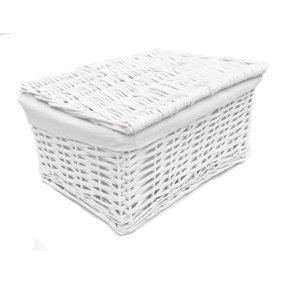 Lidded Wicker Storage Basket With Lining Xmas Hamper Basket White,Large 40x30x20cm