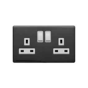 Lieber Black Nickel & White 13A 2 Gang Switched Socket, Double Pole - Screwless